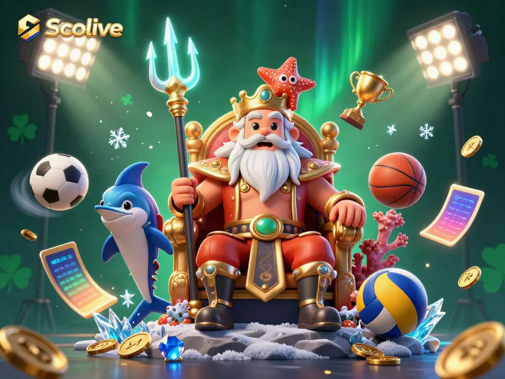Socolive showcases Neptune and a swordfish bodyguard amidst dynamic sports elements in a vibrant casino scene.
