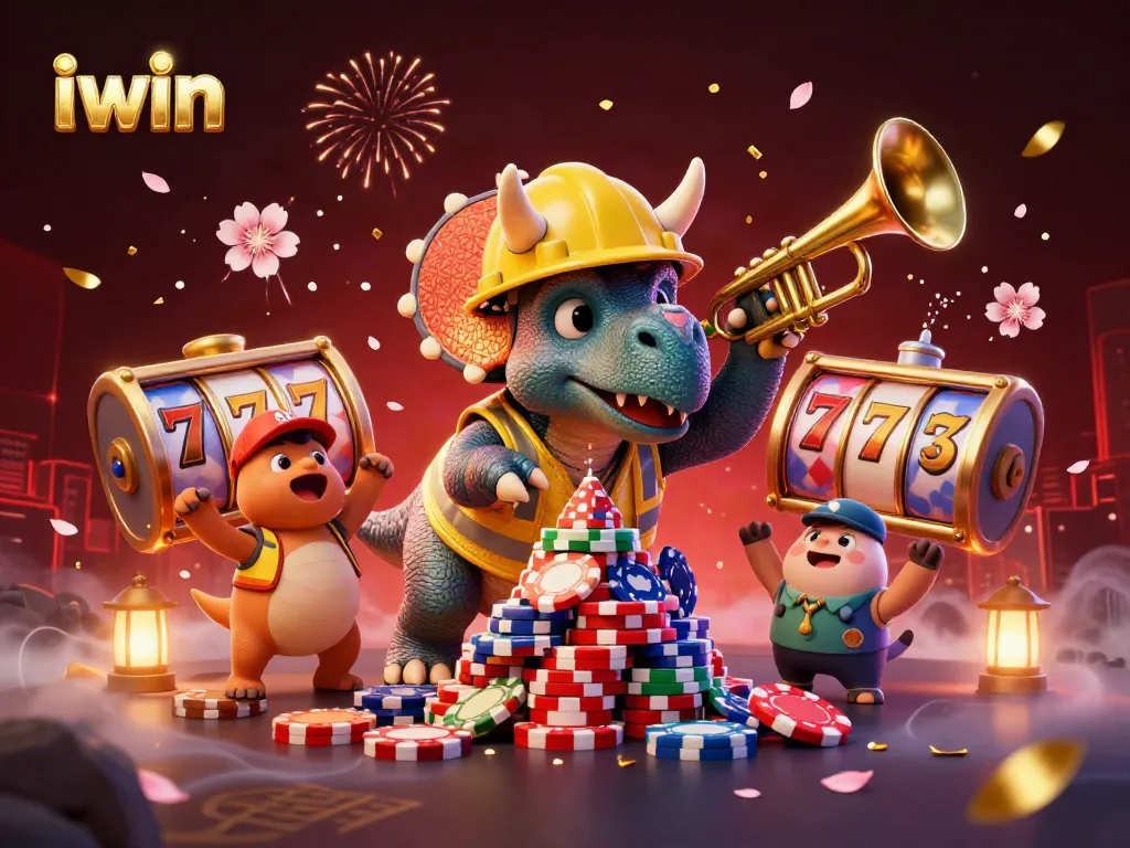 iwin showcases a cartoon triceratops and friends building poker chip pyramids in a festive casino scene
