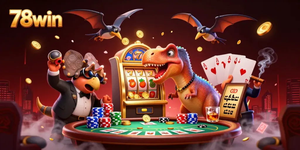 Experience thrilling wins at 78win with a pachycephalosaurus jackpot scene surrounded by vibrant casino elements.